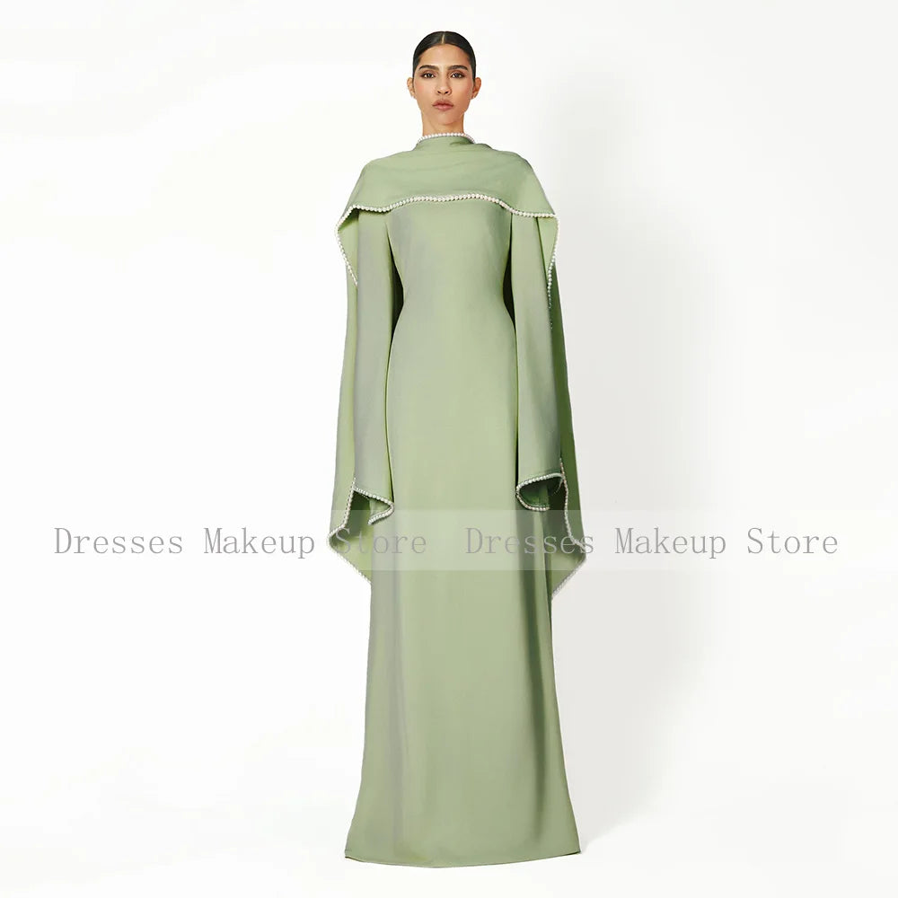 Customized Wedding Party Dress Black A Line Pearl Long Sleeves O Neck Evening Gown Long Shawl Saudi Arabian Formal Evening Dress