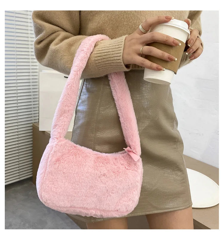 Simple Design Women's Soft Plush Hobo Shoulder Bag | Winter Furry Ladies Clutch Purse & Handbag (Fashion Female Underarm Bag) Luxegan