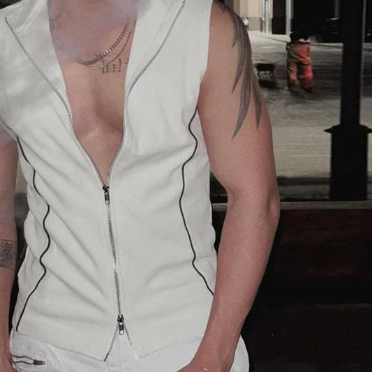 Splicing Line Deconstruction Design Vest | Sophisticated Zipper Detail Tank Top | Elegant "Spring and Summer" Streetwear Silhouette | "Dignified" Solid Broadcloth Top for Radiant Versatile Styling Luxegan