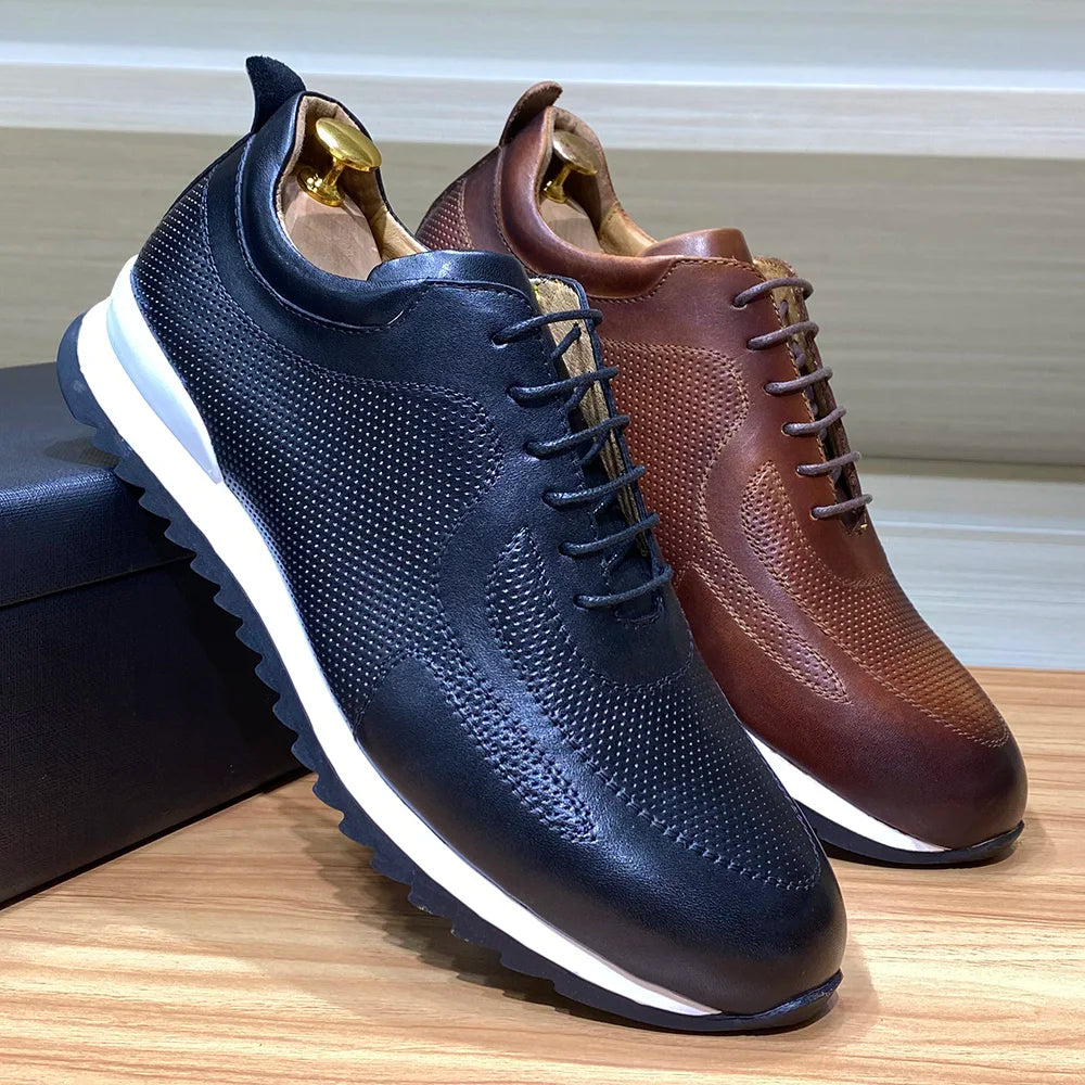 Luxury Men's Genuine Cow Leather Sneakers | Sophisticated Lace-Up Oxford Casual Shoes | Elegant "Handmade Stitching" Silhouette | "Dignified" Breathable Street Travel Footwear for Radiant Versatile Styling Luxegan