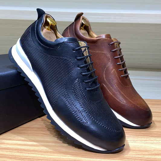Luxury Men's Genuine Cow Leather Sneakers | Sophisticated Lace-Up Oxford Casual Shoes | Elegant "Handmade Stitching" Silhouette | "Dignified" Breathable Street Travel Footwear for Radiant Versatile Styling Luxegan
