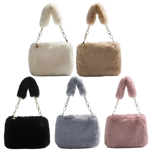 Fuzzy Plush Top Handle Bag | Soft Faux Fur Chain Crossbody Luxegan