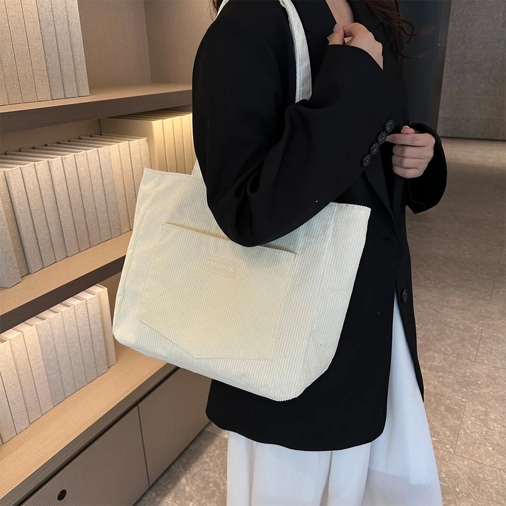 Large Capacity Corduroy Tote Bag | Shoulder Bag with Pockets & Compartments
