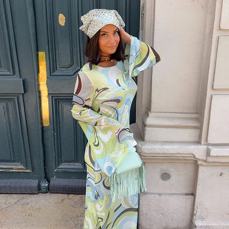 Print O-Neck Long Sleeve Slim Straight Ankle-Length Dress – Polyester, Natural Waist, Summer Luxegan