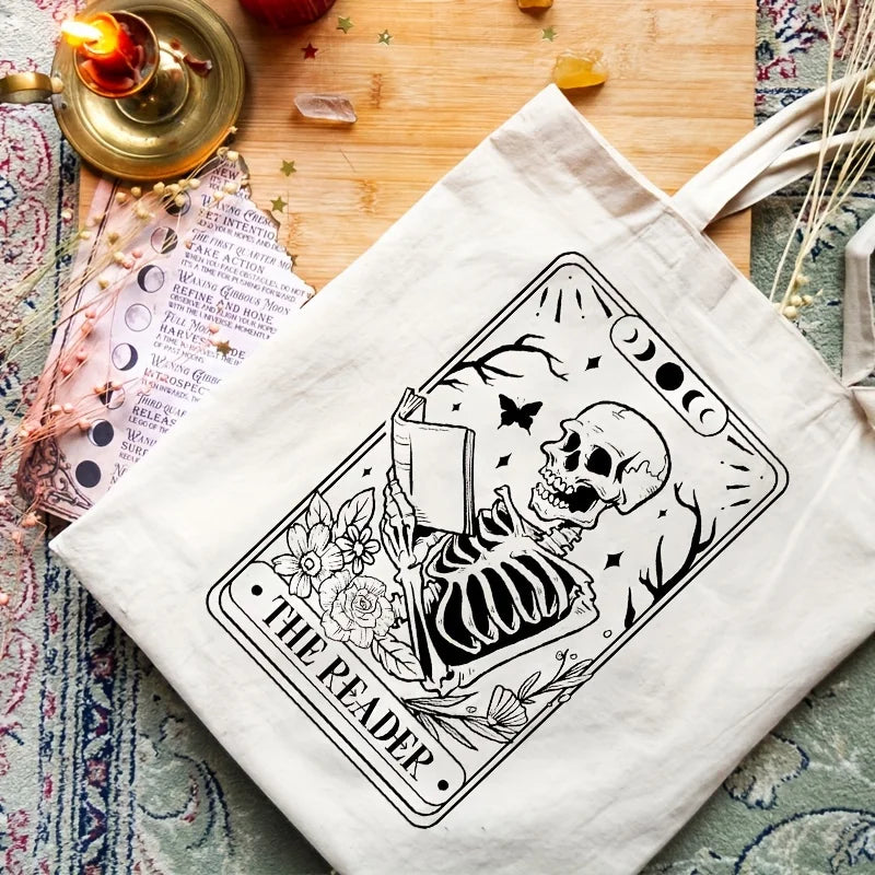 The Reader Pattern Tote Canvas Bag | Shopping Shoulder Bags Cloth Friend Shopping Bag | Large Minimalist Handbag Skull Decoration