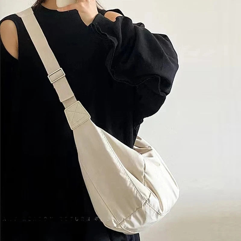 Fashion Large Capacity Hobo Bag | Casual Oxford Cloth & PU Leather Women's Half Moon Crossbody Tote Luxegan