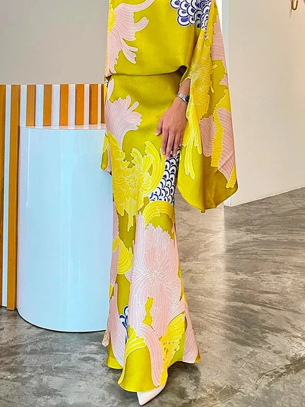 Floral Printed Elegant Suit Set | Sophisticated Batwing Sleeve Turtleneck Blouse | Elegant "Floor-Length" High Waist Wrap Skirt | "Dignified" Formal Trumpet Silhouette for Radiant Versatile Styling Luxegan