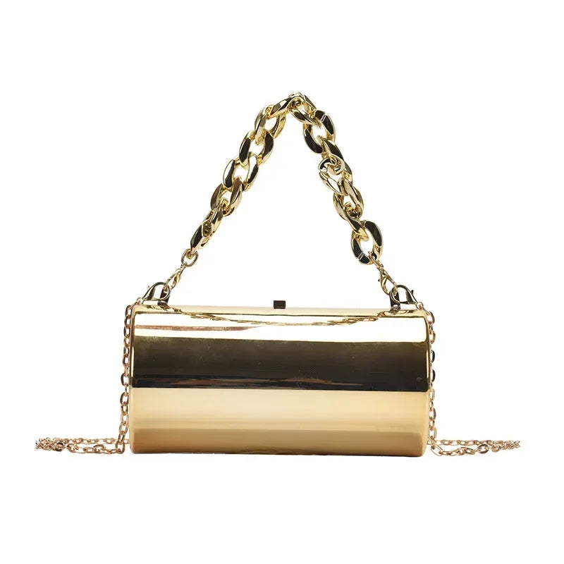 Hard Luxury Gold Cylinder Clutch | Metallic Crossbody Mini Evening Bag Luxegan