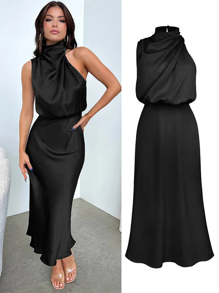 Women's Summer High-End Silk Satin Long Dress | Elegant Celebrity Evening Gown | Luxury Scarf Collar Sleeveless Party Dress | Premium Knit Asymmetrical Slip Maxi Robe Luxegan