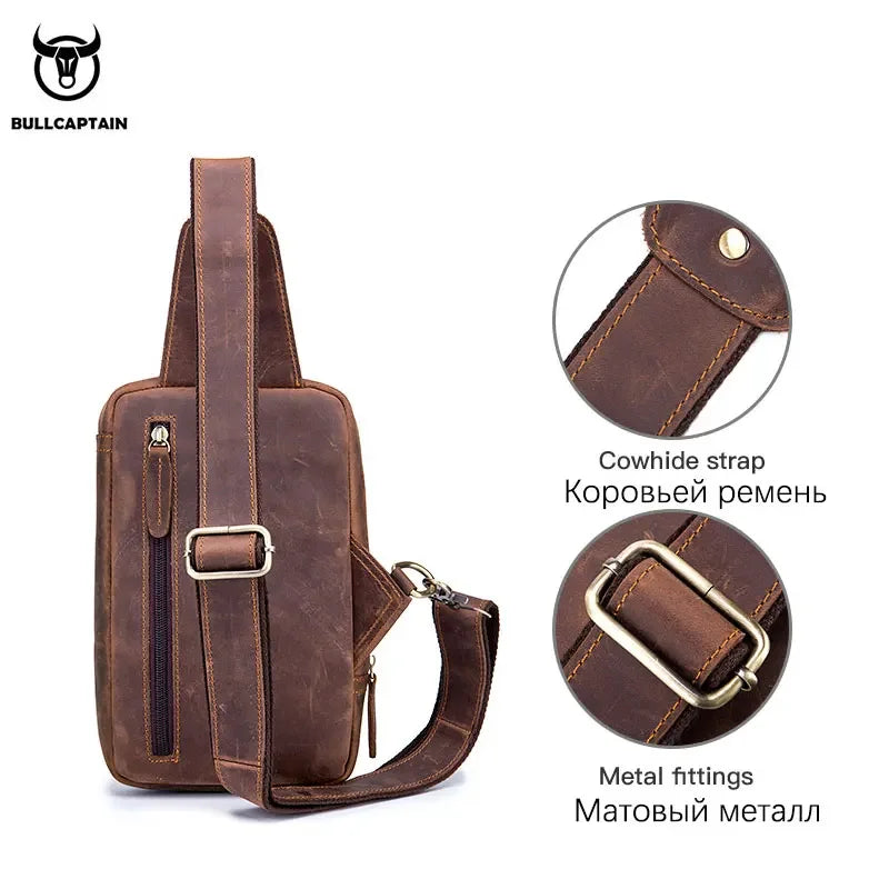 BULLCAPTAIN Bolsos cruzados para hombre de cuero Crazy Horse, bolso de pecho de cuero, bolsos cruzados retro para hombre con bolsillo de cremallera, bolso de viaje corto