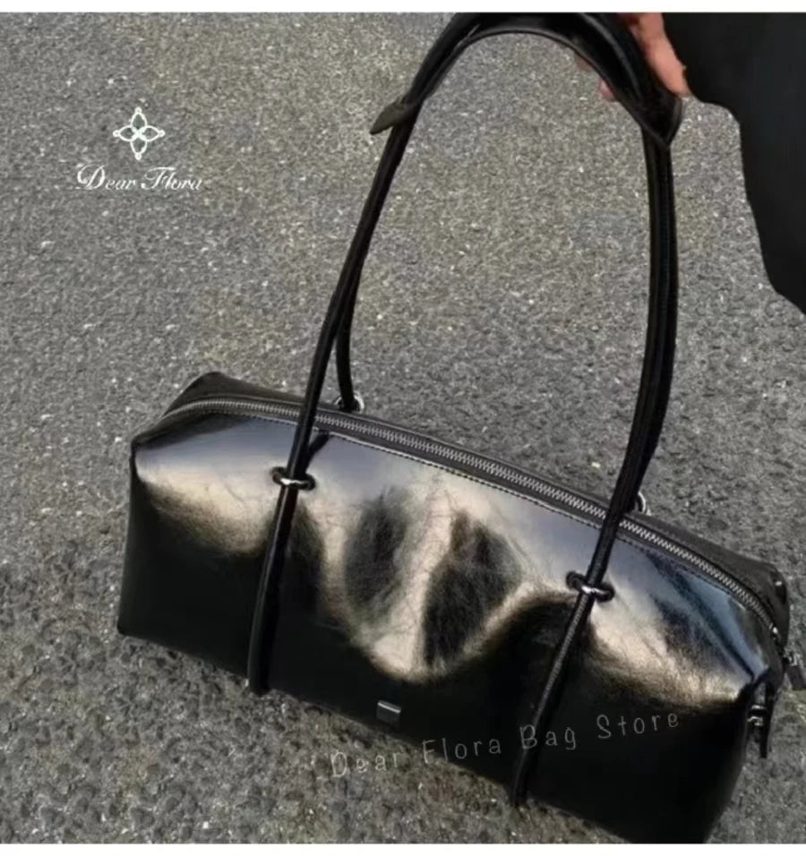 Y2K Retro "Spicy Girl" Motorcycle Handbag | Large Capacity Boston Pillow Bag | Vintage Cyber-Punk Shoulder Tote | High-Street Fashion Faux Leather Underarm Bag with Rivet Details Luxegan