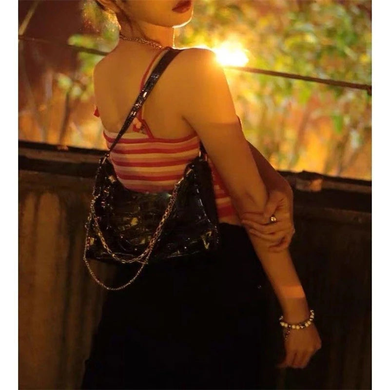 Gothic Dark Punk Underarm Bag | Skull Shoulder Bag & Y2K Chain Crocodile Pattern Crossbody Bag (Korean Popular Aesthetic Handbags) Luxegan