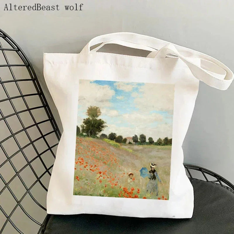 Monet Water Lilies Canvas Shoulder Bag | Sophisticated Kawaii Harajuku Shopping Tote | Elegant Art-Inspired Shopper Handbag | "Dignified" Durable Square Purse for Versatile Daily Styling Luxegan