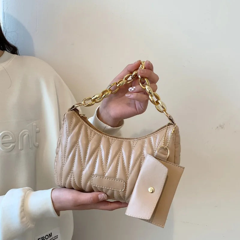 Quilted Ruched Crescent Shoulder Bag | Sophisticated England-Style Chain Handbag | Elegant Half-Moon Purse with Coin Pouch | "Dignified" Soft TPU Carryall for Versatile Daily Styling Luxegan