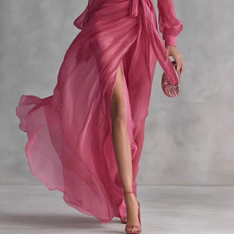 Solid V-Neck Long Puff Sleeve Tie Sash Waist Regular Fit A-Line Maxi Dress – Empire Waist, Spring/Summer Luxegan