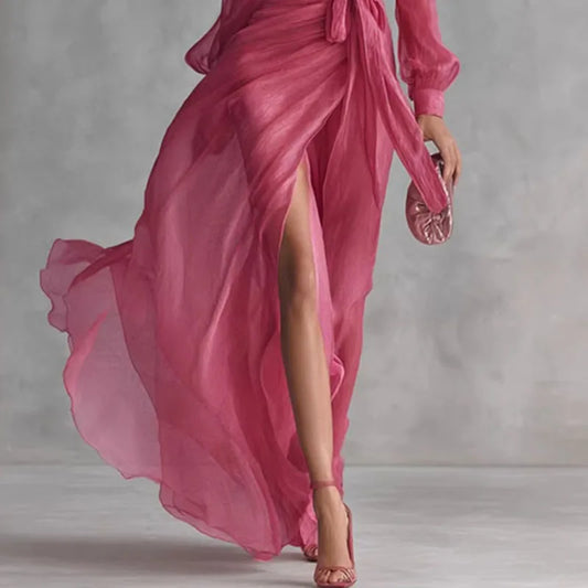 Solid V-Neck Long Puff Sleeve Tie Sash Waist Regular Fit A-Line Maxi Dress – Empire Waist, Spring/Summer Luxegan