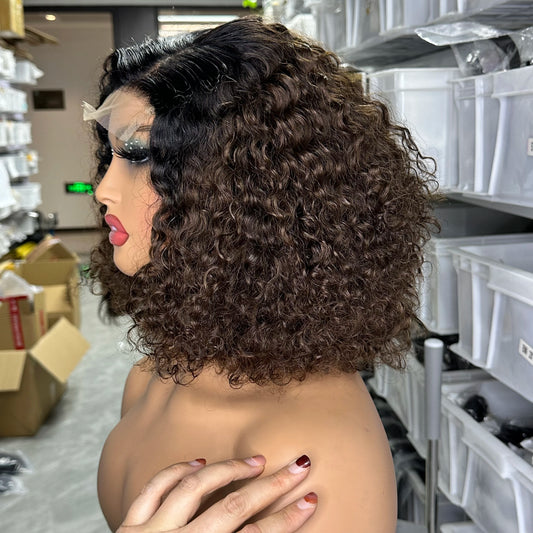 Jerry Curly Short Bob Wig Ombre Brown Colored Water Wave 4x4 Lace Closure Human Hair Wigs for Women Vietnam Glueless Lace Wig