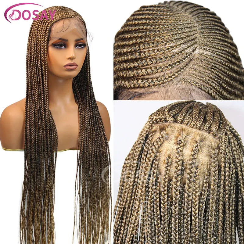 36" Full Lace Frontal Braids Wig Synthetic Side Part Knotless Cornrow Braided Lace Front Wig Twist Braided Faux Locs Braid Wigs Luxegan