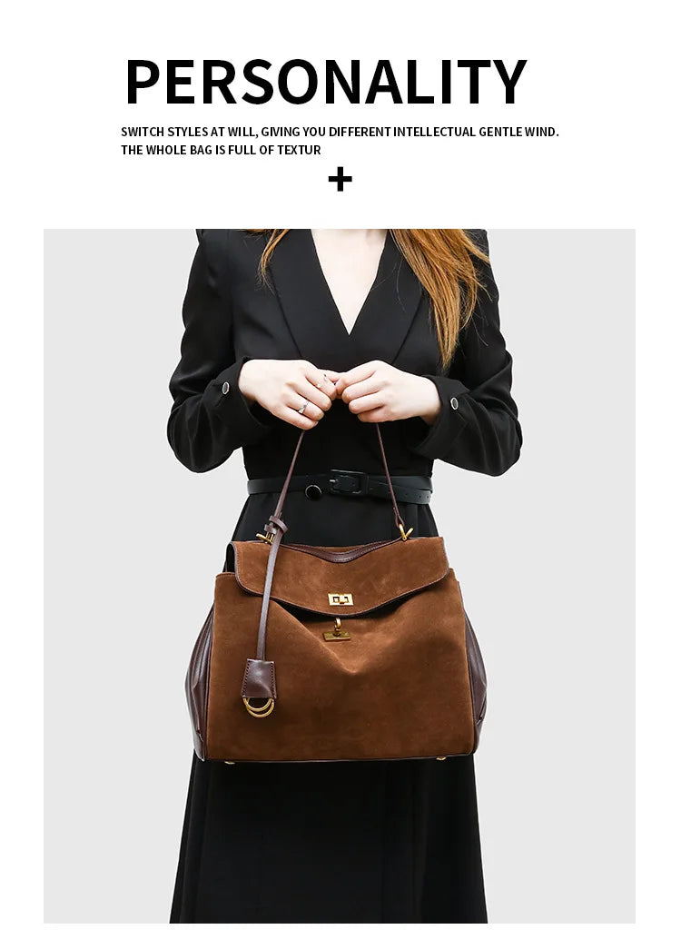 Luxury Rodeo Brown Suede Tote | Premium Microfiber Leather Kelly Style Shoulder Bag | Large Capacity Fashion Handbag with Gold Lock Buckle (Model 5788678888) Luxegan