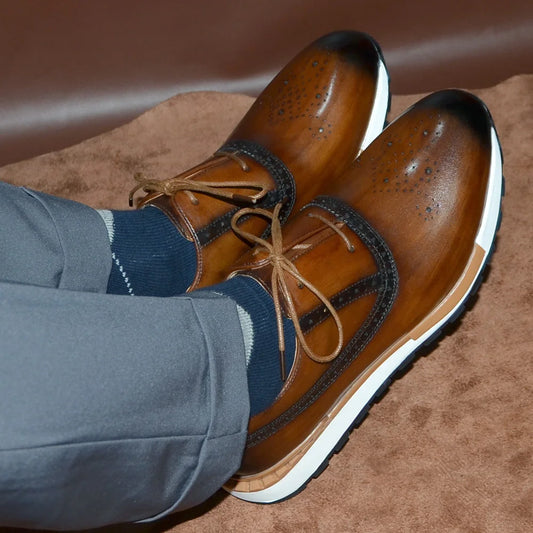 Luxury Brand Men's Calfskin Oxford Sneakers | Sophisticated Two-Eyelet Formal Leather Laces | Elegant "Classic European" Silhouette | "Dignified" Anti-Slip Rubber Sole for Radiant Versatile Styling Luxegan