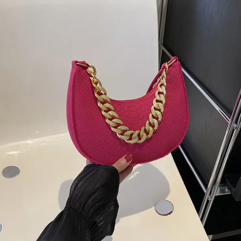 Fashion Women's Felt Handbag | Imitation Metal Chain Underarm Bag (Retro Ladies Solid Color Shoulder Bag, Trendy Casual Clutch Purse) Luxegan