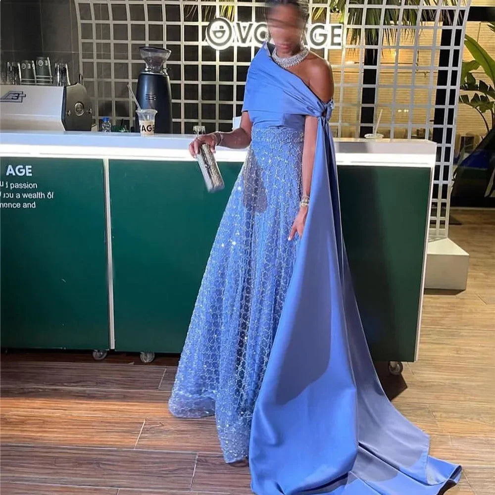 Lace Appliqué Off-Shoulder Prom Gown – A-Line, Court Train, Floor-Length Luxegan