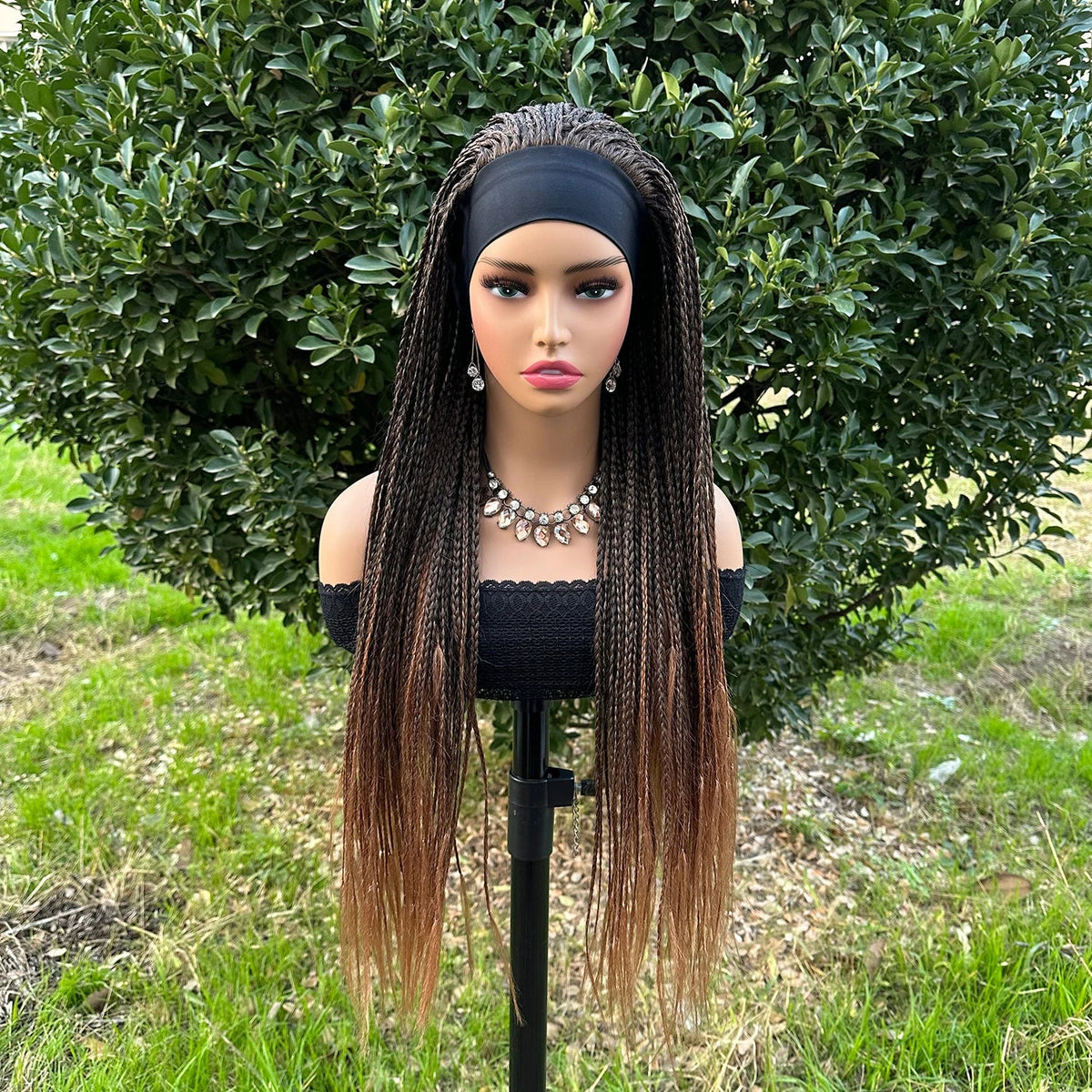 Ombre Brown Long Headband Box Braids Wig Braided African Dreadlock Wig Synthetic Braiding Beauty Hair Wigs For Women/Men Luxegan