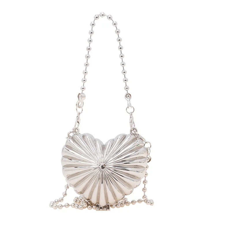 Metallic Heart Shell Minaudiere | Hard Golden/Silver Designer Evening Clutch Luxegan
