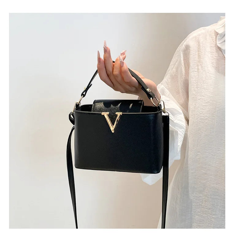 Luxury V-Shaped Women's Tote Bag | Chic PU Leather Bucket Handbag | Stylish Sequined Shoulder & Crossbody Bag | Fashionable Top Cover Purse with Interior Compartments Luxegan