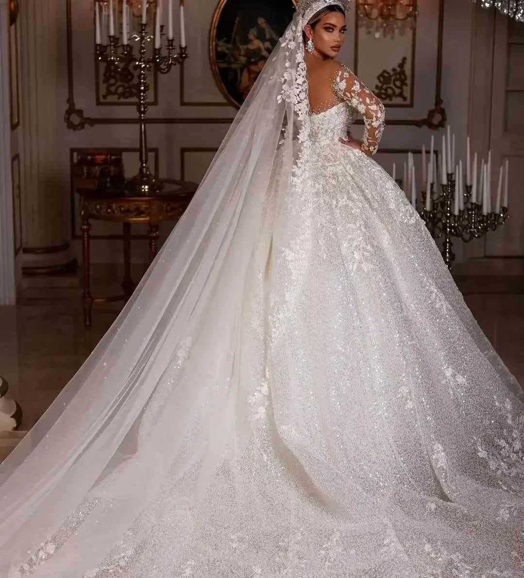 Luxury Long Sleeve Tulle Wedding Dress for Bride | Shiny Sequins Beads Sheer V-Neck Gown | Premium Lace Pearls Appliques Bridal Dress | Classic Backless A-Line Sweep Train Pregnancy-Friendly Dress Luxegan