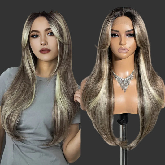 26-Inch Ombre Brown Highlight Blonde Synthetic Lace Front Wig with Bangs - Long Straight High Temperature Fiber Swiss Lace Wig - Transparent Lace Glueless Wig for Daily Use & Cosplay (197g) Luxegan