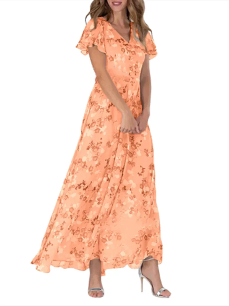 Women's Elegant Small Flower Print Dress | Sweet Style Ruffle V-Neck Pullover Gown | Summer Office Lady High Waist Dress | Premium Knit Regular Fit A-Line Floor-Length Vestido Model H8806A Luxegan