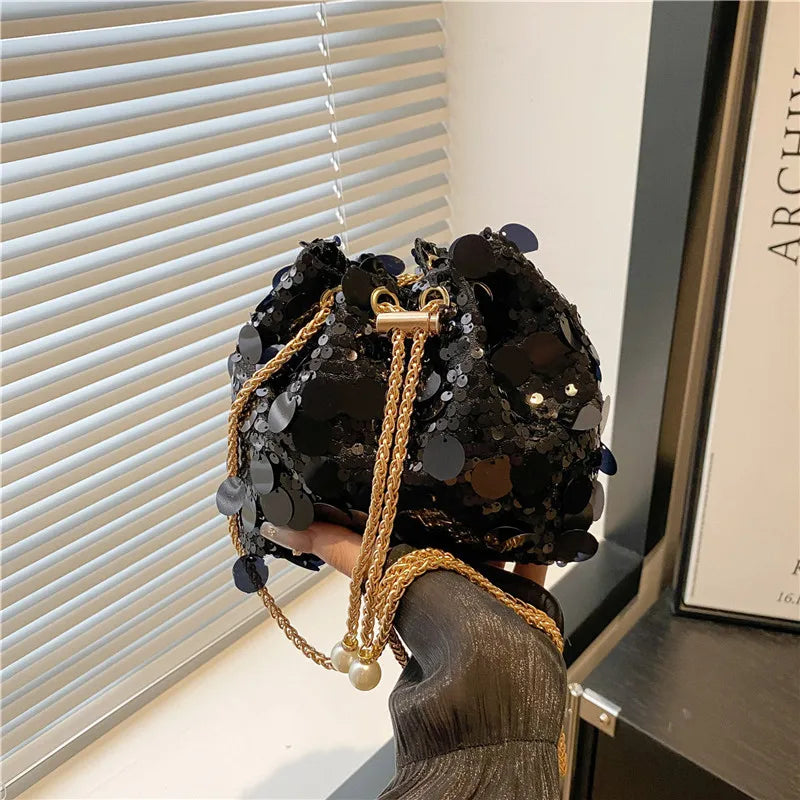 Sequin Chain Women's Portable Bucket Shoulder Bags | Retro Ladies Dinner Party Clutch Purse Luxury Design Female Crossbody Bag Luxegan