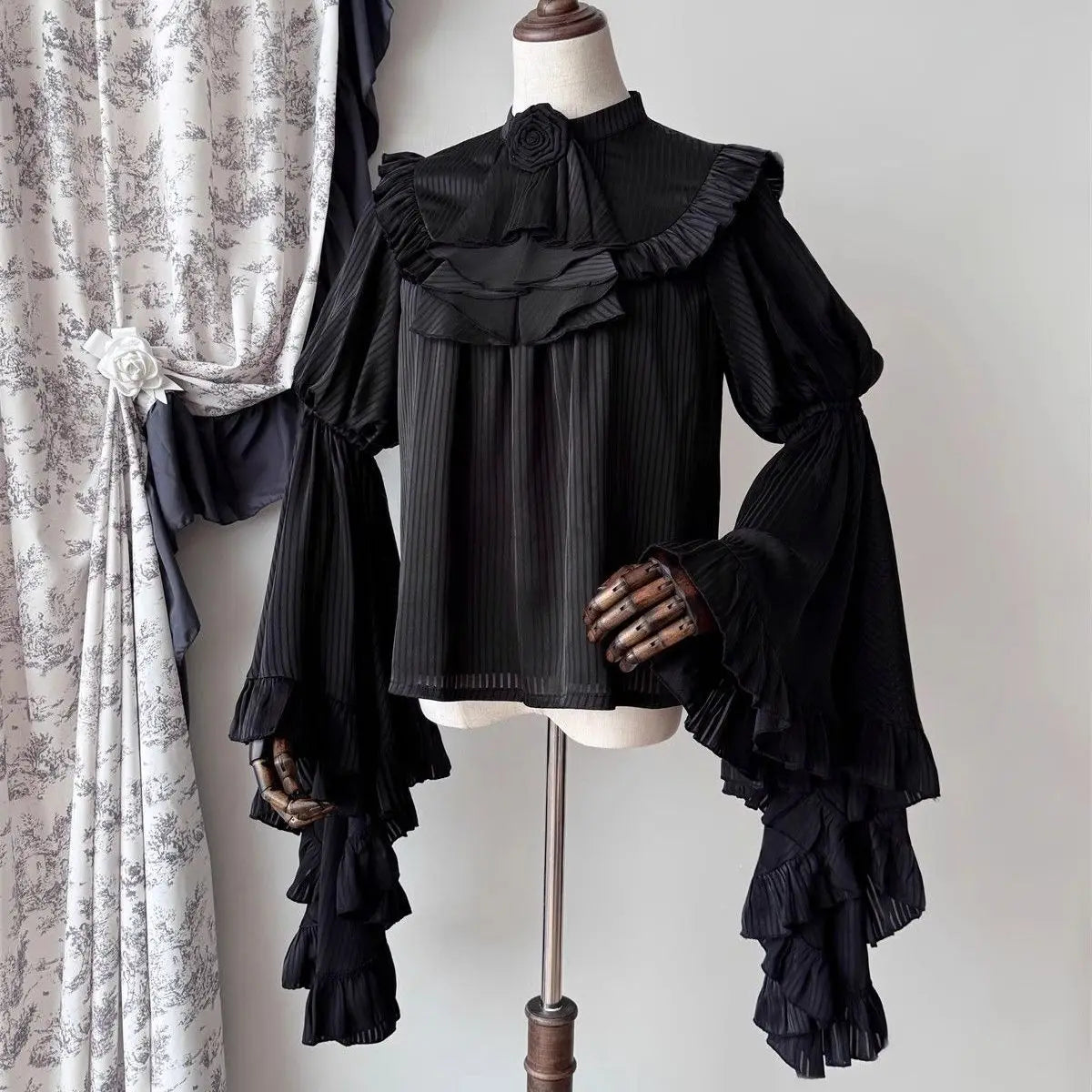 Women's Sleepwalking Gothic Style Skirt Set | Dark Halloween Lolita Slim Fit Mini Dress | Elegant Princess Flare Sleeve Goddess Outfit | Premium Non-Woven Solid Black Co-Ord Set with Bow Accent Luxegan