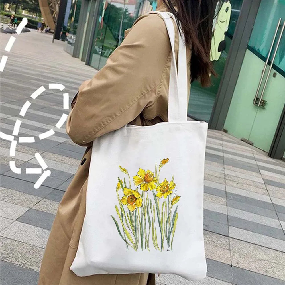 Succulove Floral Cotton Tote Bag | Large Capacity Handbag with Tulips, Hydrangeas, Sunflowers & More (Casual Shoulder Shopper, Eco-Friendly) Luxegan