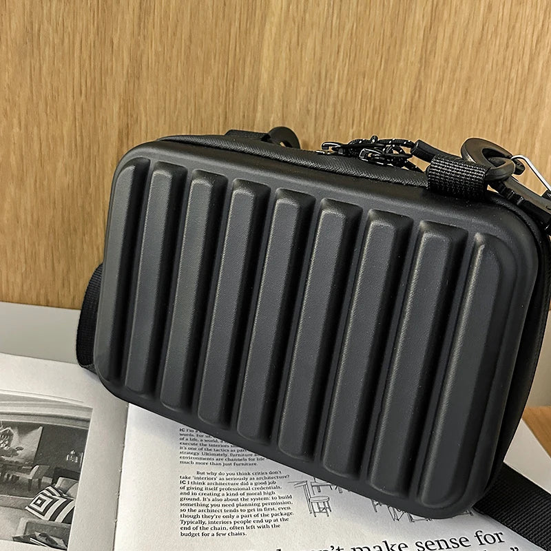 Unisex Army Green Mini Box Crossbody | Casual Leisure Shoulder Sling Bag | Durable PVC Solid Color Handbag with Striped Texture & Zipper Closure Luxegan