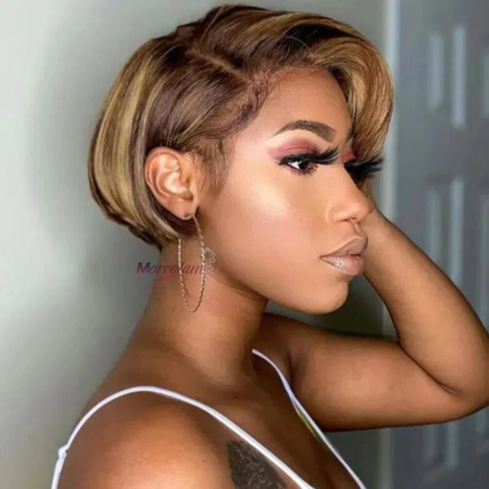 Short Bob Wig Pixie Cut Wig Straight Human Hair Wig 13X4 Transparent Lace Frontal Wig For Women Highlight Straight Pixie Cut Wig