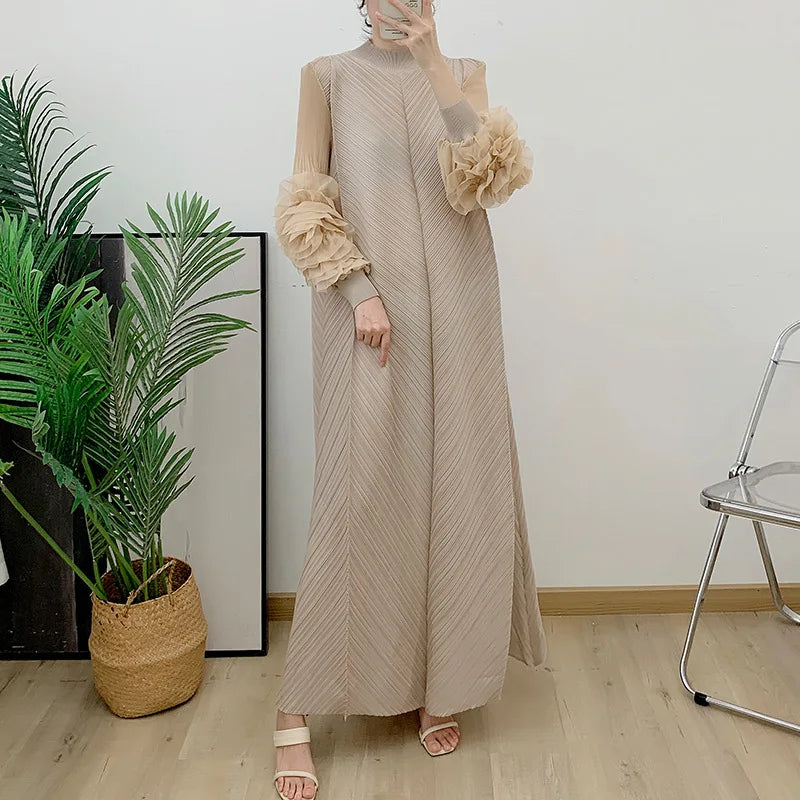 Solid Round Neck Long Sleeve Knotted Flower Trim Loose Fit Mid-Calf Dress – Natural Waist, Summer Luxegan