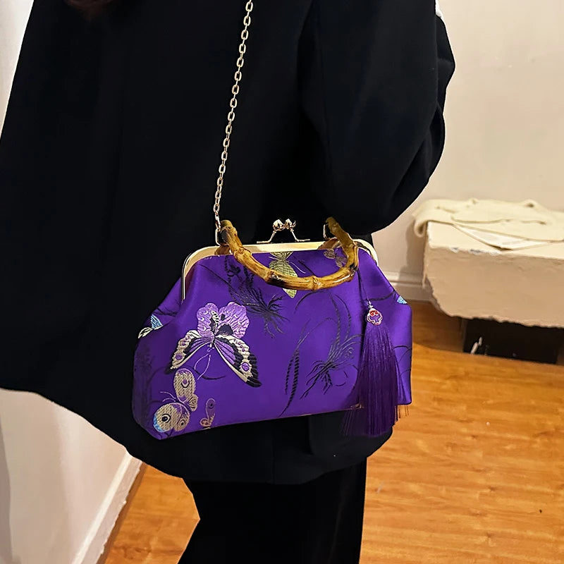Luxury Embroidery Vintage Evening Bag | Wedding Style Floral Handbag with Tassel Design | National Fashion Shoulder & Crossbody Bag with Bamboo Fiber Lining Luxegan