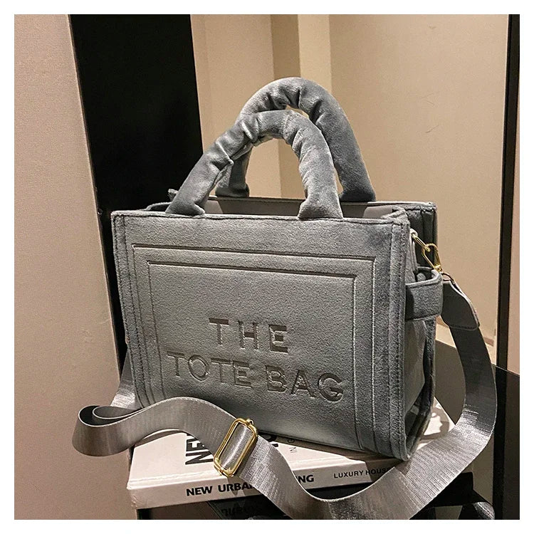 Khaki Velour Letter Print Tote Bag | Soft Medium Shoulder Shopper Luxegan
