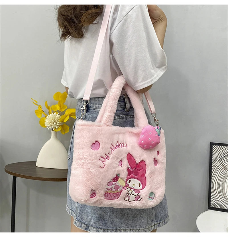 Kawaii Hello Kitty Plush Shoulder Bag | My Melody Cinnamoroll Kuromi Cute Cartoon Anime Handbag (Soft Storage Bag for Women & Girls) Luxegan