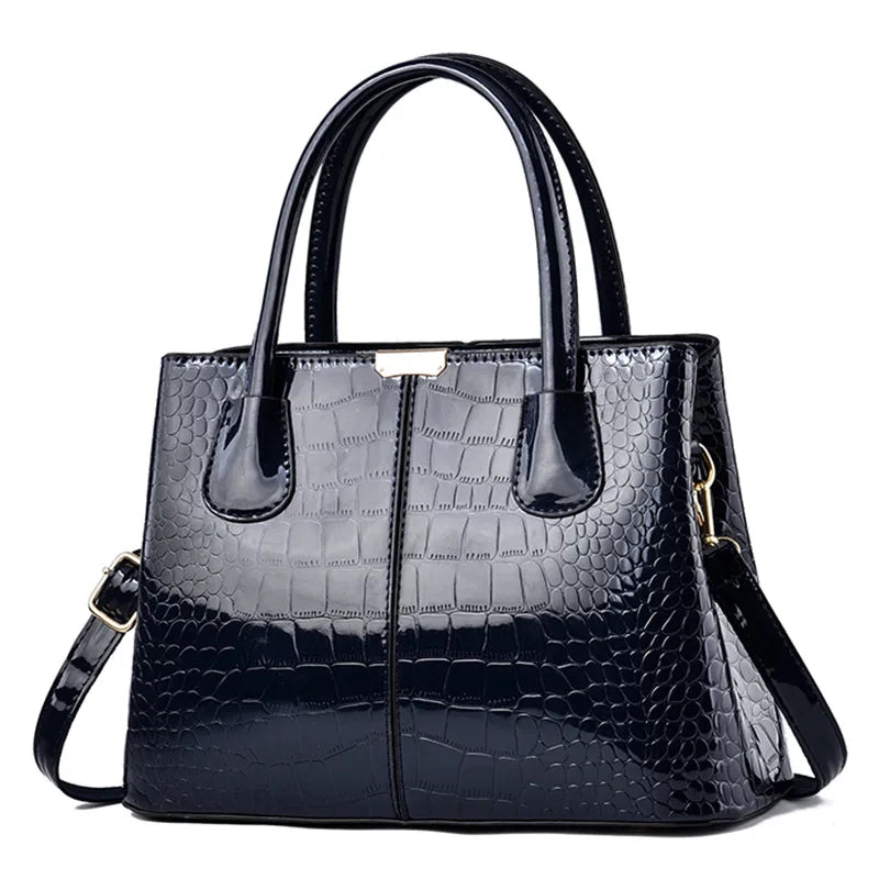 Luxury Patent PU Leather Shopping Tote | Structured Alligator Satchel Luxegan