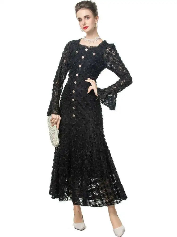 Solid High Street Square Neck Long Sleeve Slim A-Line Mid-Calf Dress – Cotton and Polyester, All Season Luxegan