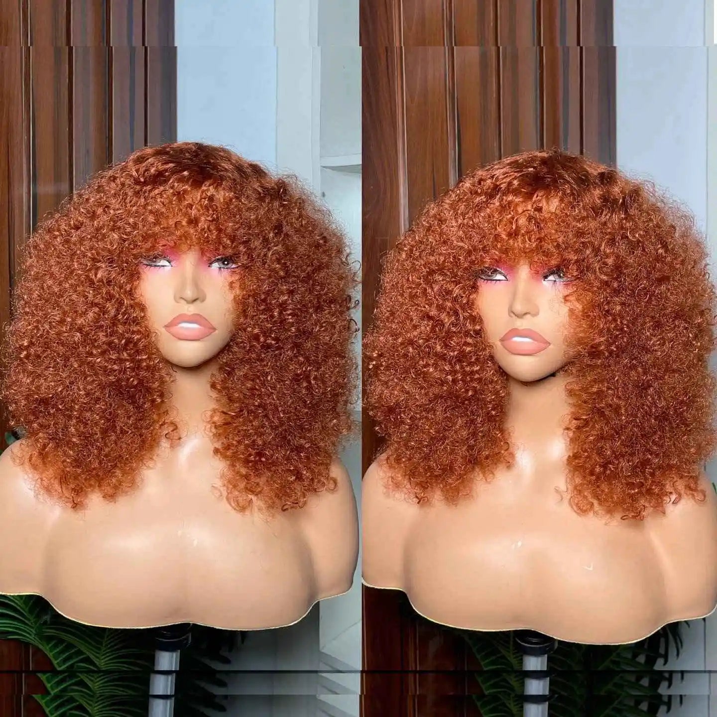 Ginger Honey Blonde Jerry Curly Short Pixie Bob Cut Wig with Bangs - Full Machine-Made Glueless Human Hair Wig - 100% Brazilian Remy Orange Brown Fringe Wig for Black Women (4-16 Inch) Luxegan