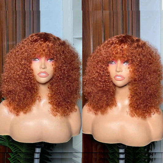 Ginger Honey Blonde Jerry Curly Short Pixie Bob Cut Wig with Bangs - Full Machine-Made Glueless Human Hair Wig - 100% Brazilian Remy Orange Brown Fringe Wig for Black Women (4-16 Inch) Luxegan