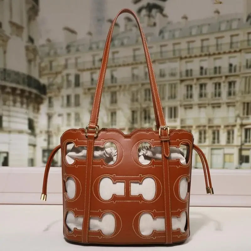 High-End Hollow Out Bucket Tote | Soft Large Capacity Shoulder Bag Luxegan