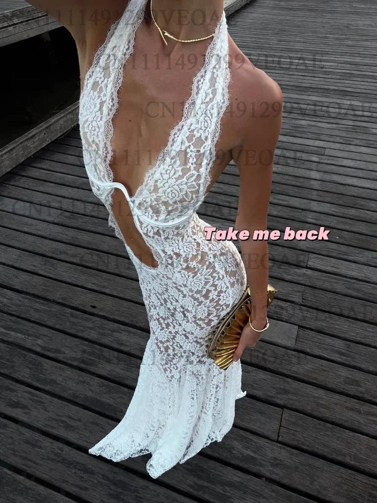 Halter Neck Hollow Out Lace Backless Mermaid Maxi Dress | Sleeveless Off-Shoulder Vacation Beach Gown Luxegan