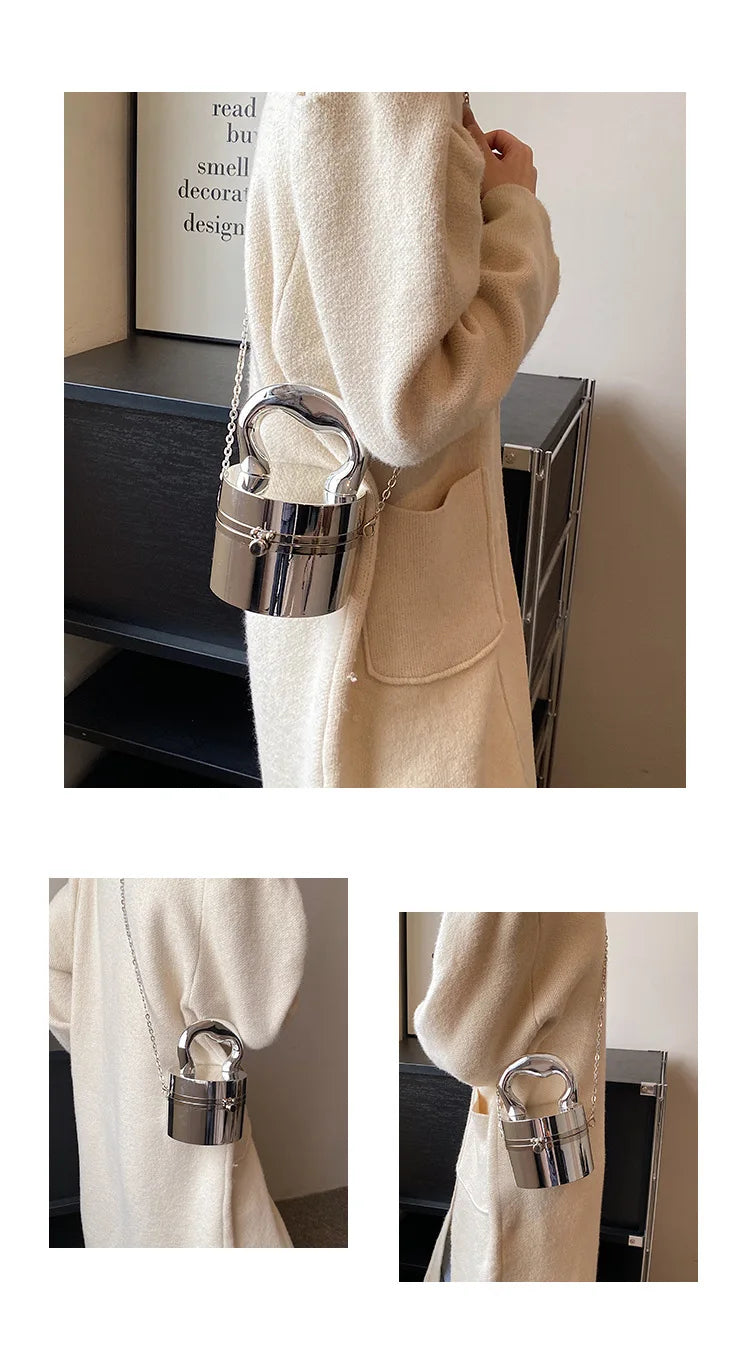 Gold Box Handbag | Shiny Party Evening Clutch & Metal Chain Messenger Purse Luxegan