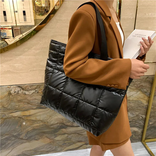 Waterproof Tote Bag for Women | Puffer Cotton Padded Shoulder Bag & Large Capacity Ladies Handbags (Quilted Work Commute Shopping Bag) Luxegan
