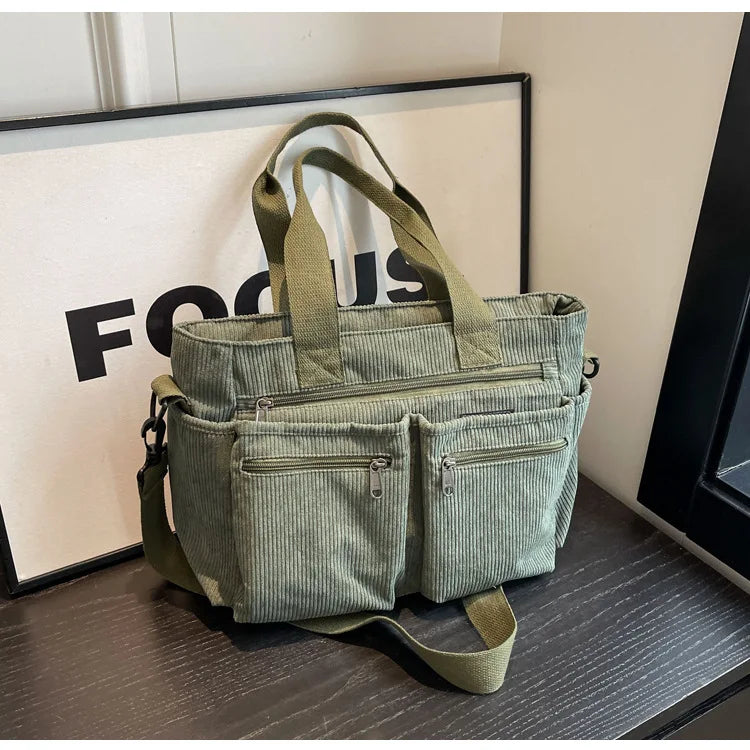 Female Large Capacity Corduroy Tote Bag | New Korean Style Fashion Women's Shoulder Crossbody Bag (Worker Commuter Handlebag)